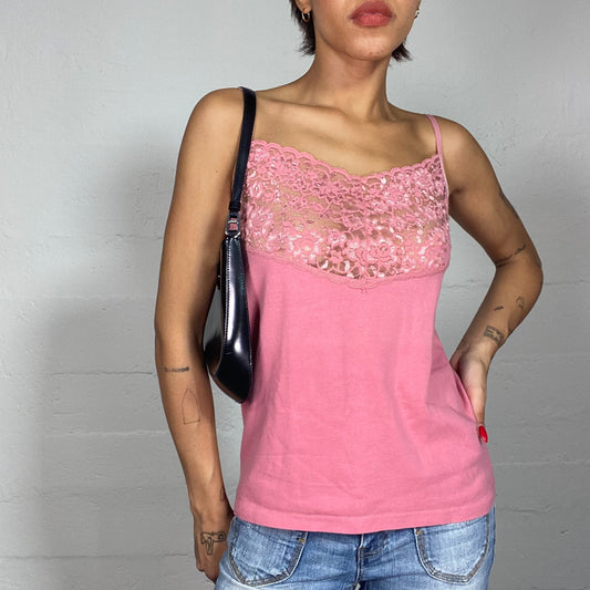 Vintage 2000's Soft Girl Pink Top with Mesh Lace Chest Detail (M)