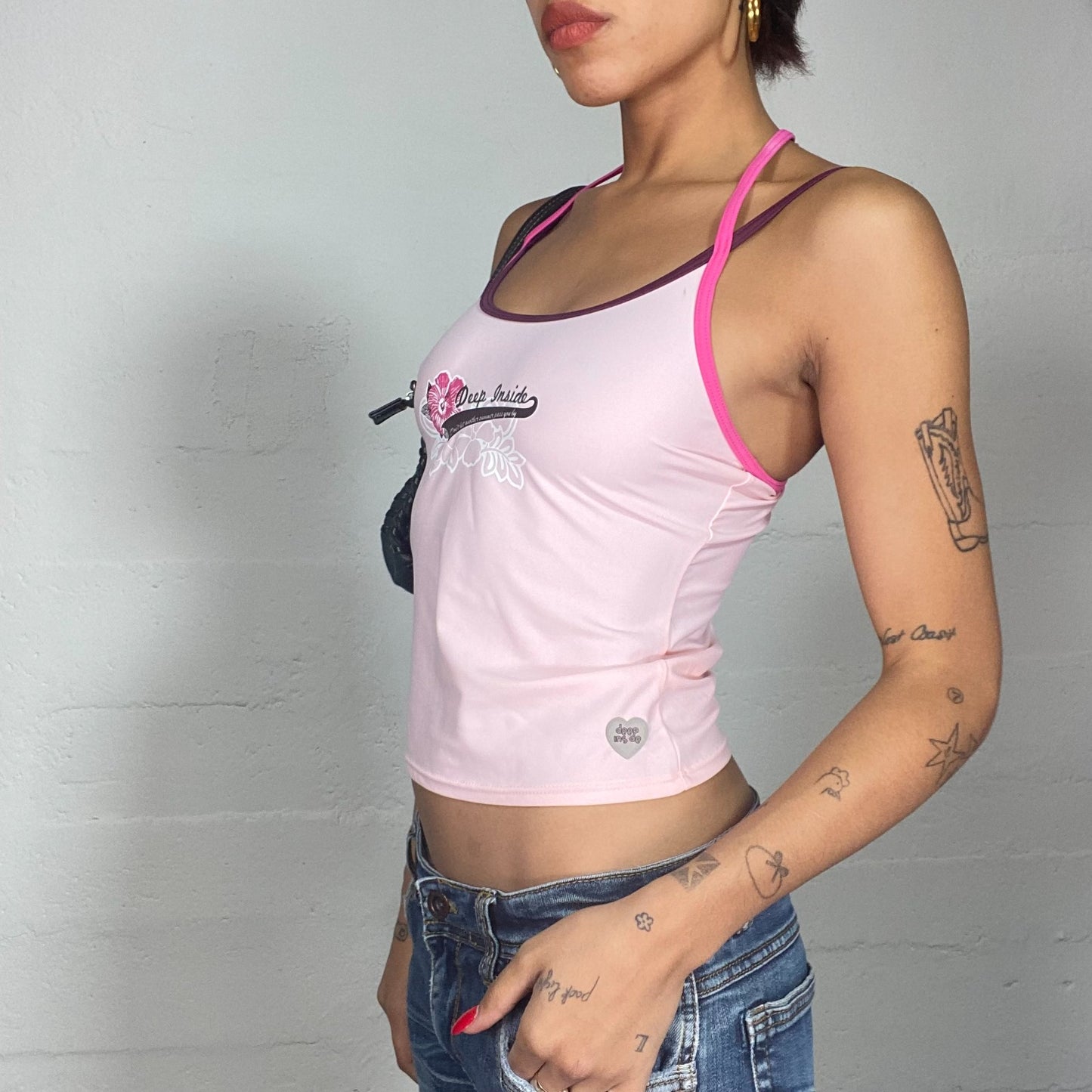 Vintage 2000's Surfer Girl Pink Top with "Deep Inside" Print  and Double Strap (XS)