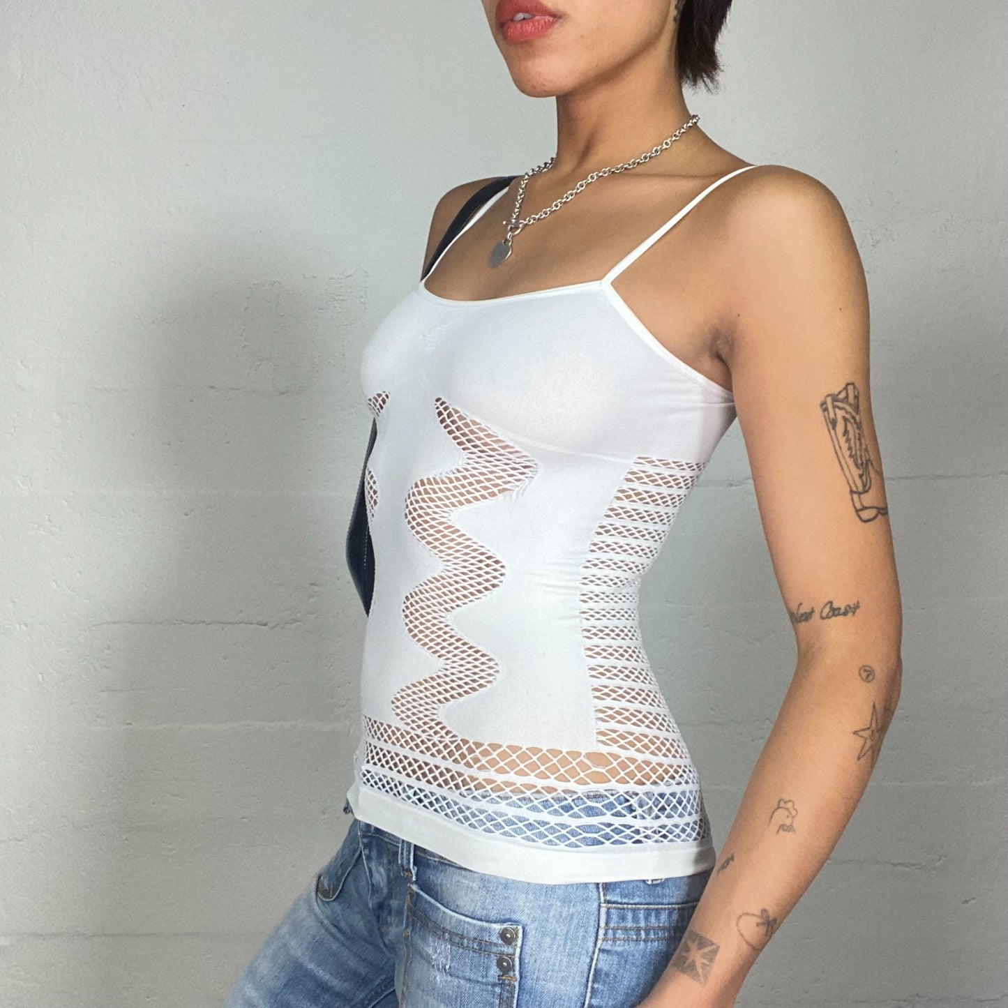 Vintage 2000's Rave White Top with Fishnet Material and Mesh Back Detail (S)