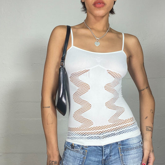 Vintage 2000's Rave White Top with Fishnet Material and Mesh Back Detail (S)