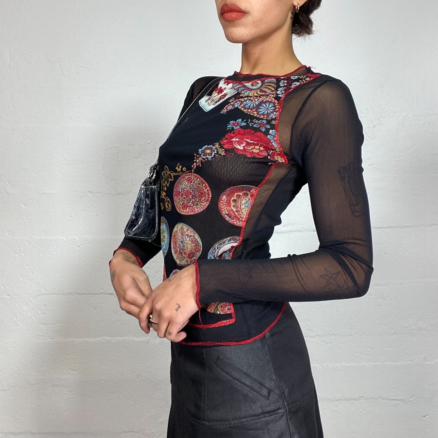 Vintage 90's Archive Black Mesh Longsleeve Top with Red Floral & Mosaic Print (S/M)