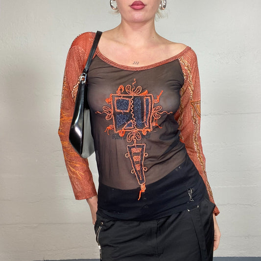 Vintage 2000's Batik Mesh Longsleeve Top with Orange Embroidery Detail and Back Print (S/M)