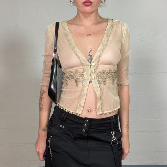 Vintage 2000's Boho Mesh Gold Button Up Cropped Shirt with Khaki Embroidery Detail (XS/S)