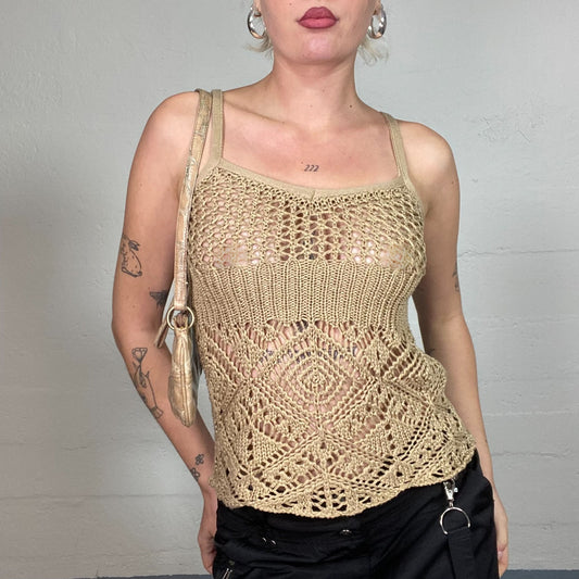 Vintage 2000's Boho Camel Crochet Top with Braided Fishnet Material (S)