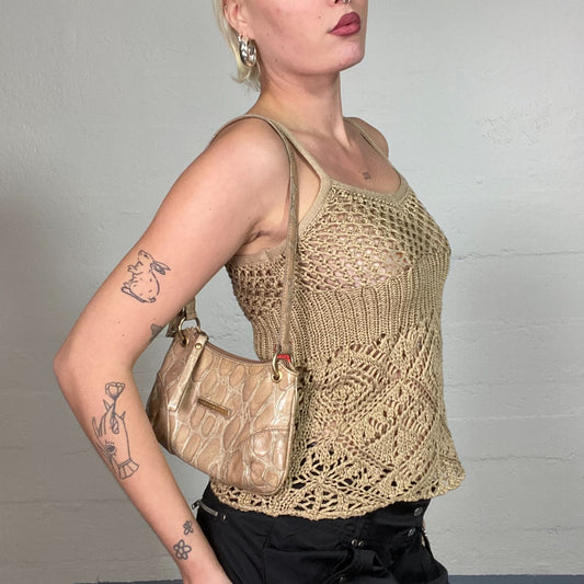 Vintage 2000's Boho Camel Crochet Top with Braided Fishnet Material (S)