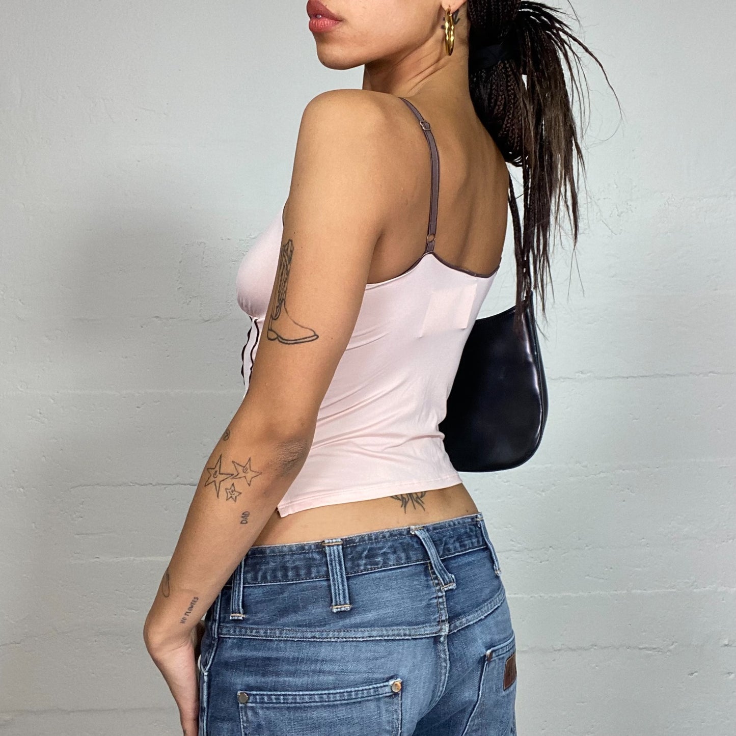 Vintage 2000's Cute Pale Pink Top with Brown Corset Style Trim (S)