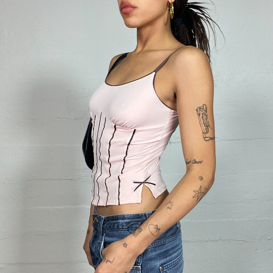 Vintage 2000's Cute Pale Pink Top with Brown Corset Style Trim (S)