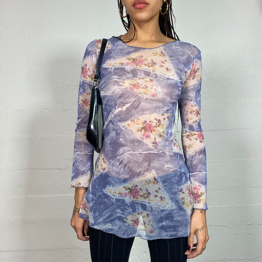 Vintage 2000's Indie Blue Mesh Longsleeve Long Top with Floral Graphics Print (S/M)