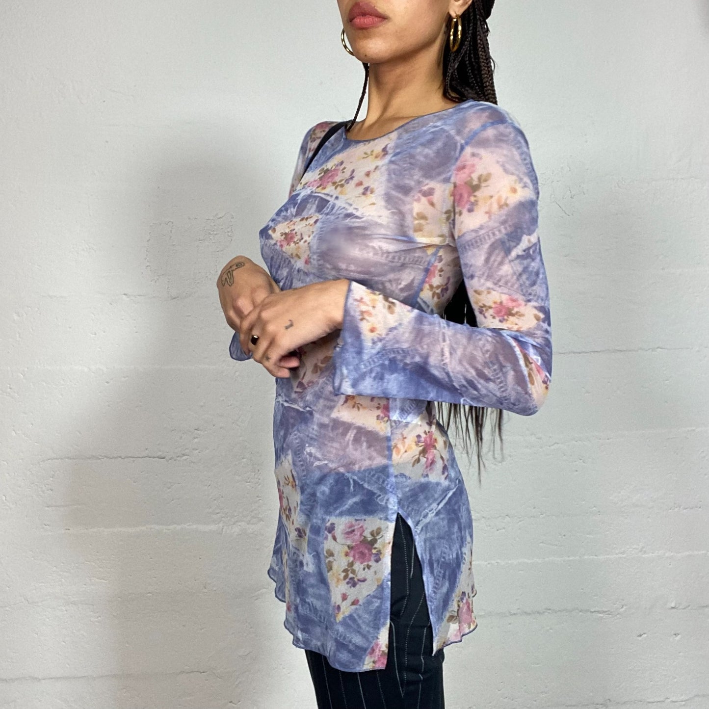 Vintage 2000's Indie Blue Mesh Longsleeve Long Top with Floral Graphics Print (S/M)