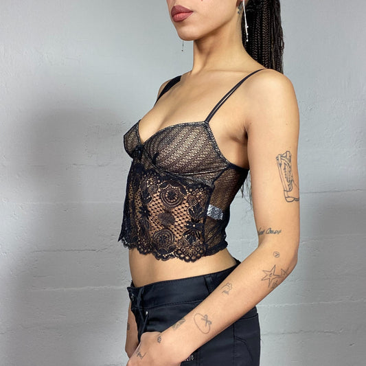 Vintage 90's Coquette Black Corset Mesh Top with Decorative Embroidery Work (XS)