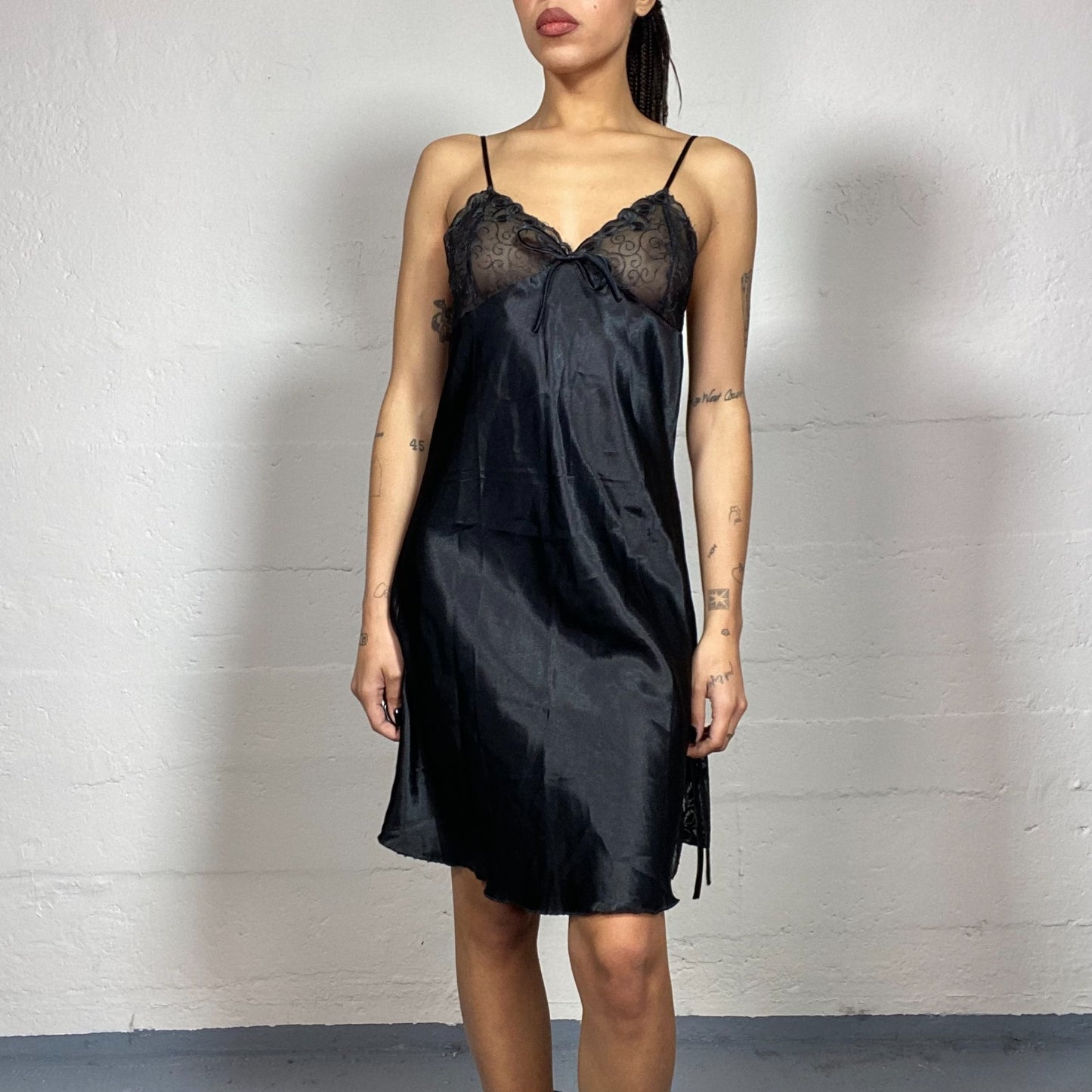 Vintage 2000's Soft Girl Black Satin Slip Dress with Laced Chest Detail (L)