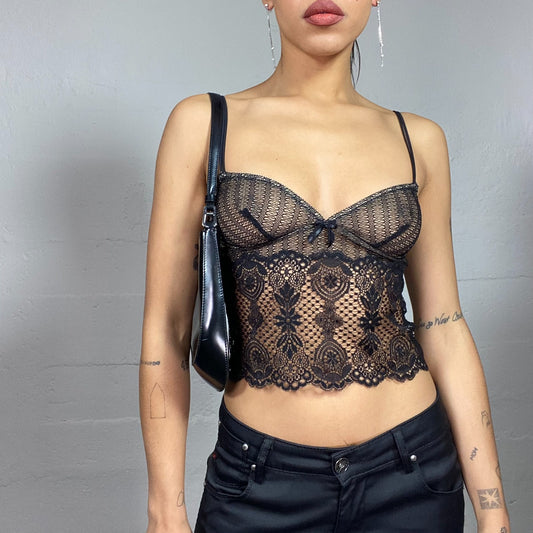 Vintage 90's Coquette Black Corset Mesh Top with Decorative Embroidery Work (XS)