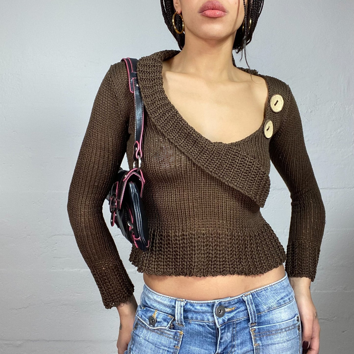 Vintage 2000's Fairy Brown Knitted Cropped Bolero with Big Button Detail (S/M)
