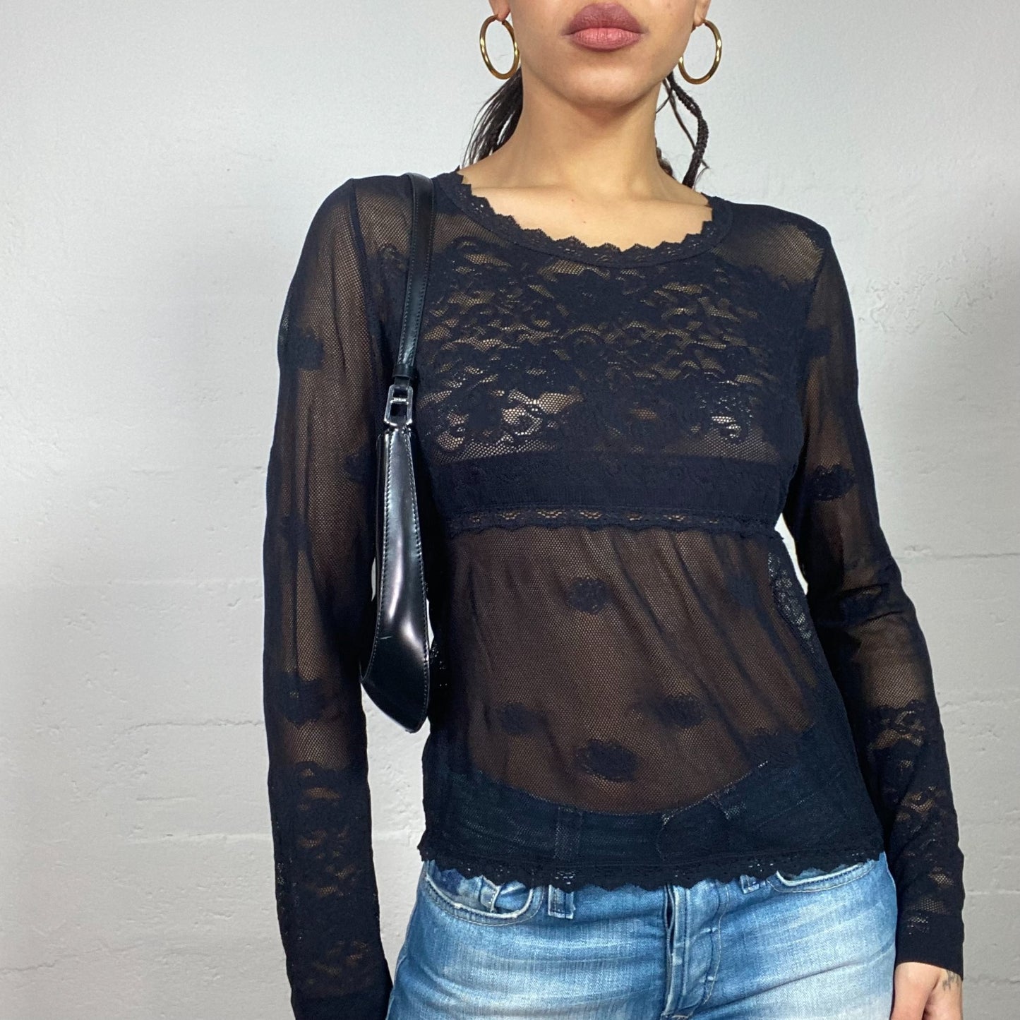 Vintage 2000's Coquette Black Mesh Blouse with Floral Embroidery Trims (S)