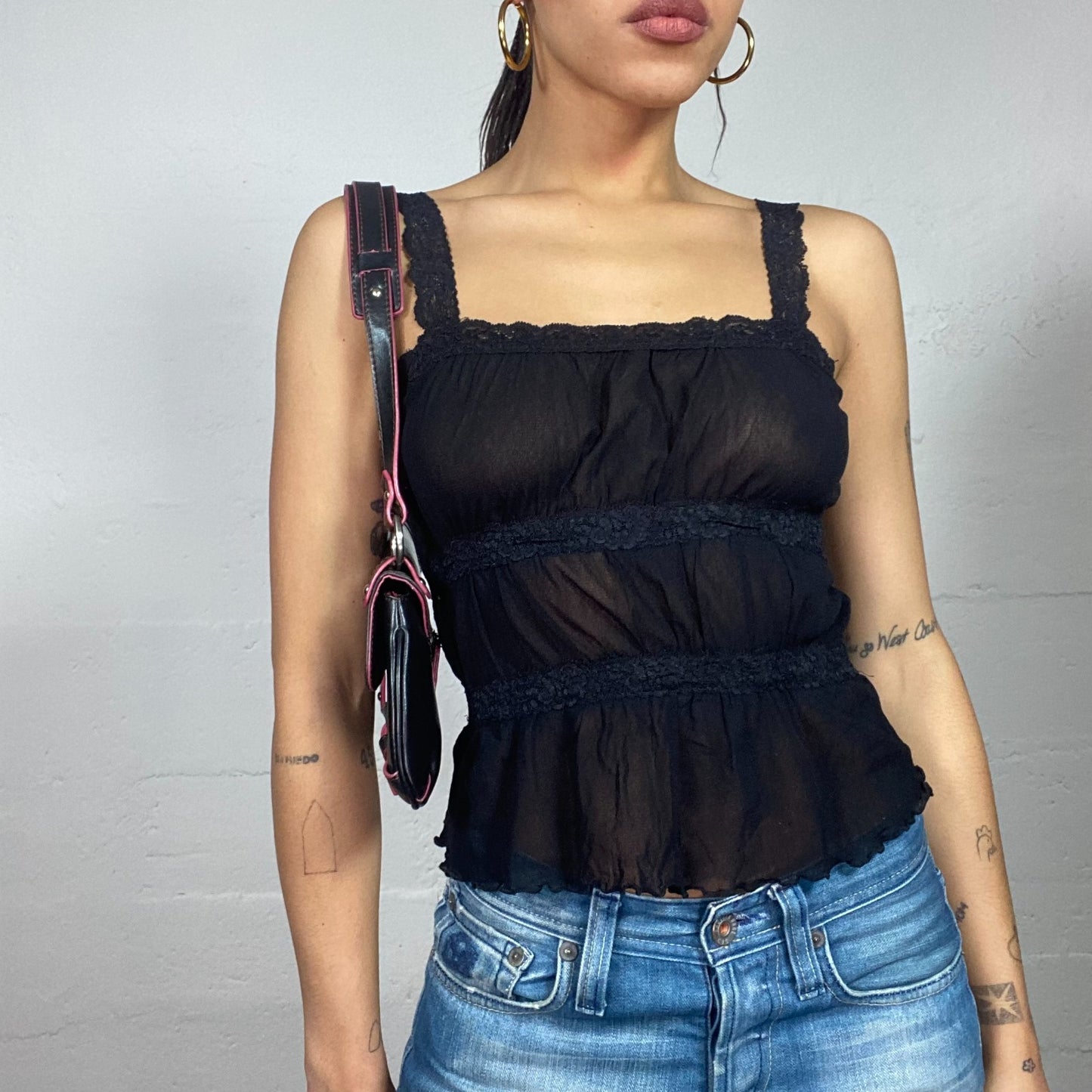 Vintage 2000's Coquette Black Mesh Top with Laced Trims (S)