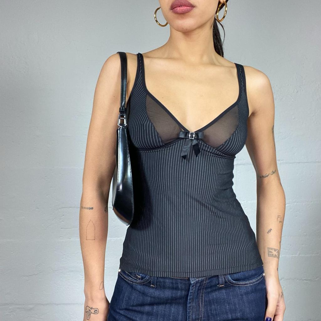 Vintage 2000's Clubwear  Black Corset Top with Mesh Chest Detail (S)