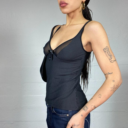 Vintage 2000's Clubwear  Black Corset Top with Mesh Chest Detail (S)