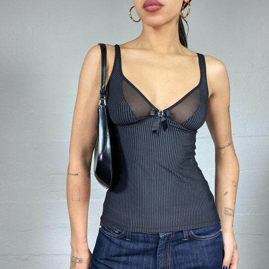 Vintage 2000's Clubwear Black Corset Top with Mesh Chest Detail (S)