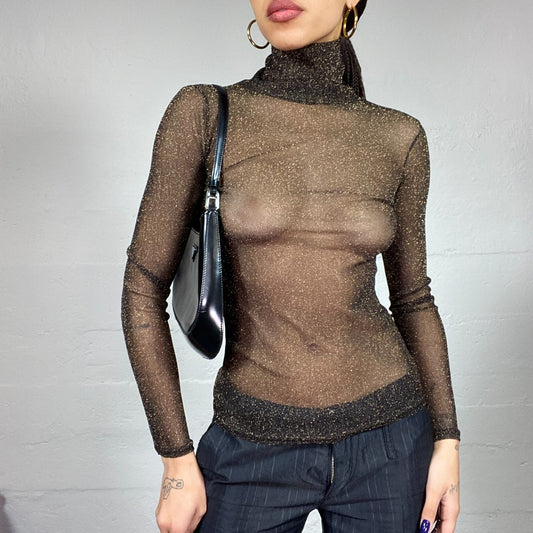 Vintage 2000's Clubwear  Black Mesh Turtleneck Top with Glitter Material Detail (S)