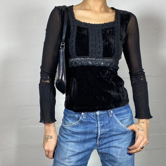 Vintage 2000's Vampy Black Velours Top with Mesh Longsleeves Detail (S)