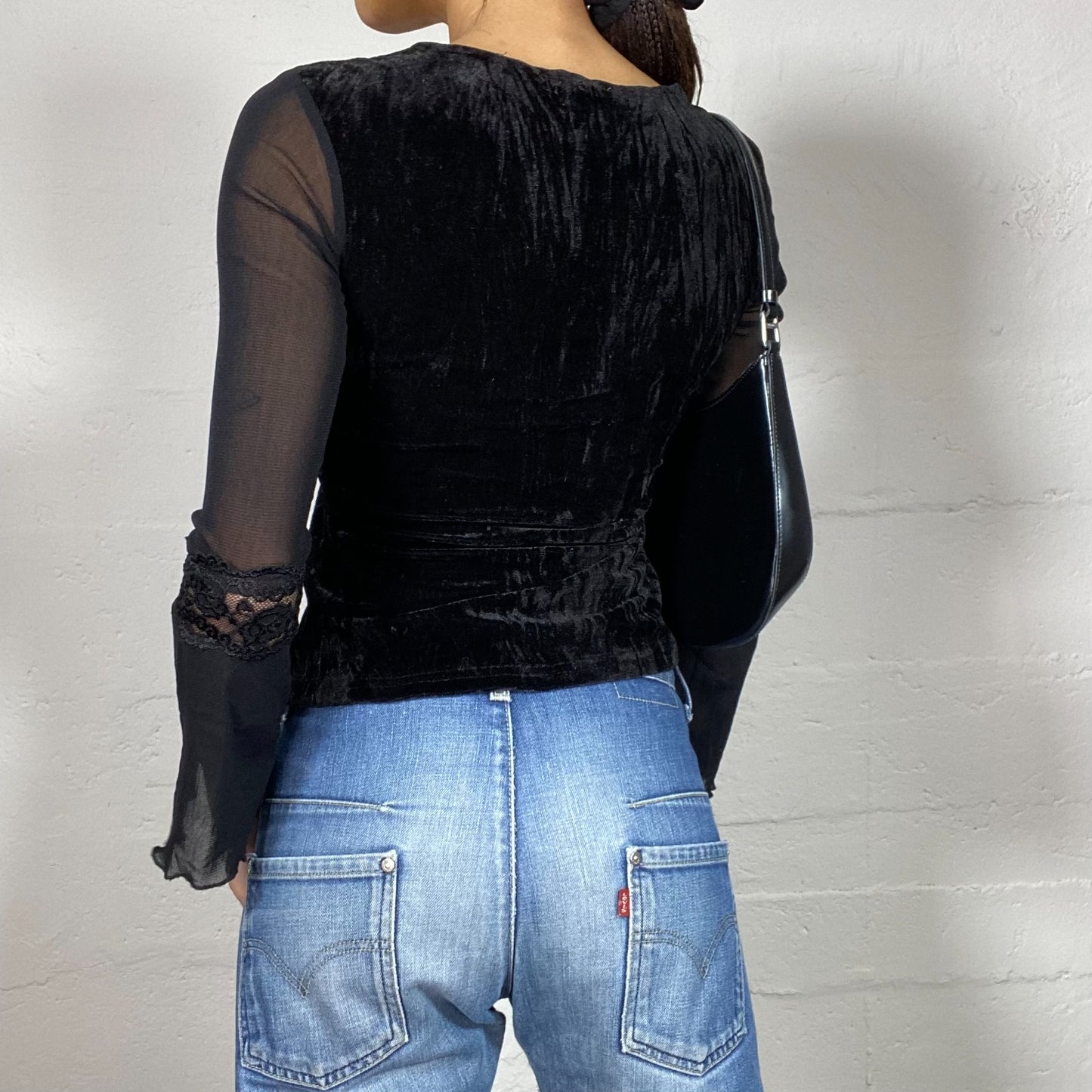 Vintage 2000's Vampy Black Velours Top with Mesh Longsleeves Detail (S)