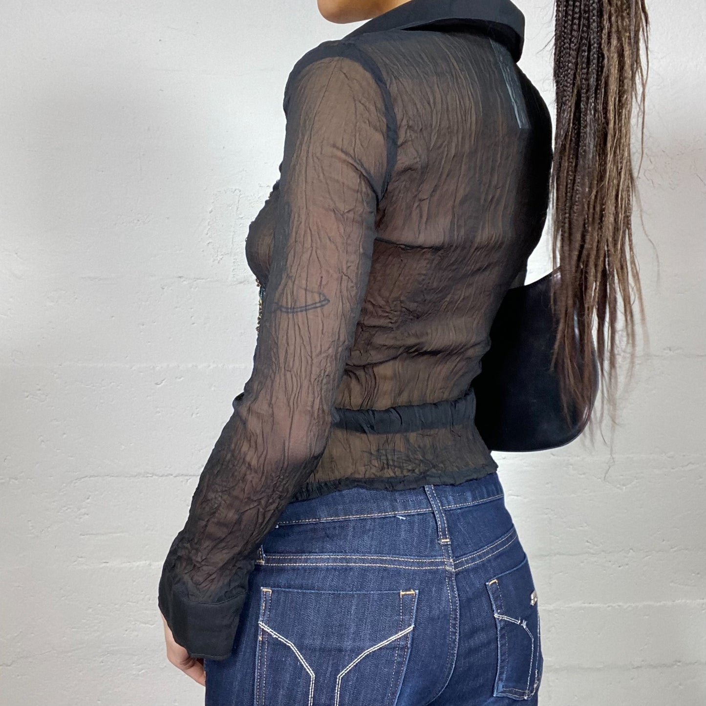 Vintage 2000's Indie Black Longsleeve Mesh Button Up with Golden Floral Embroidery (S)