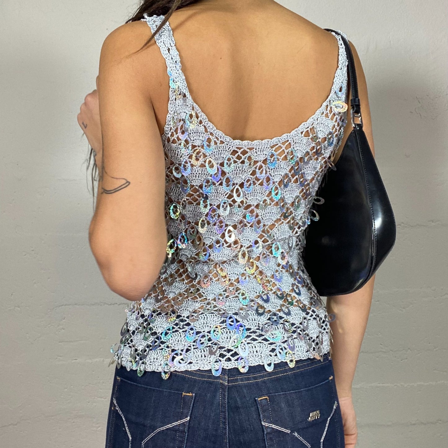 Vintage 2000's Festive Silver Mermaid Crochet Top with Sequins (S)