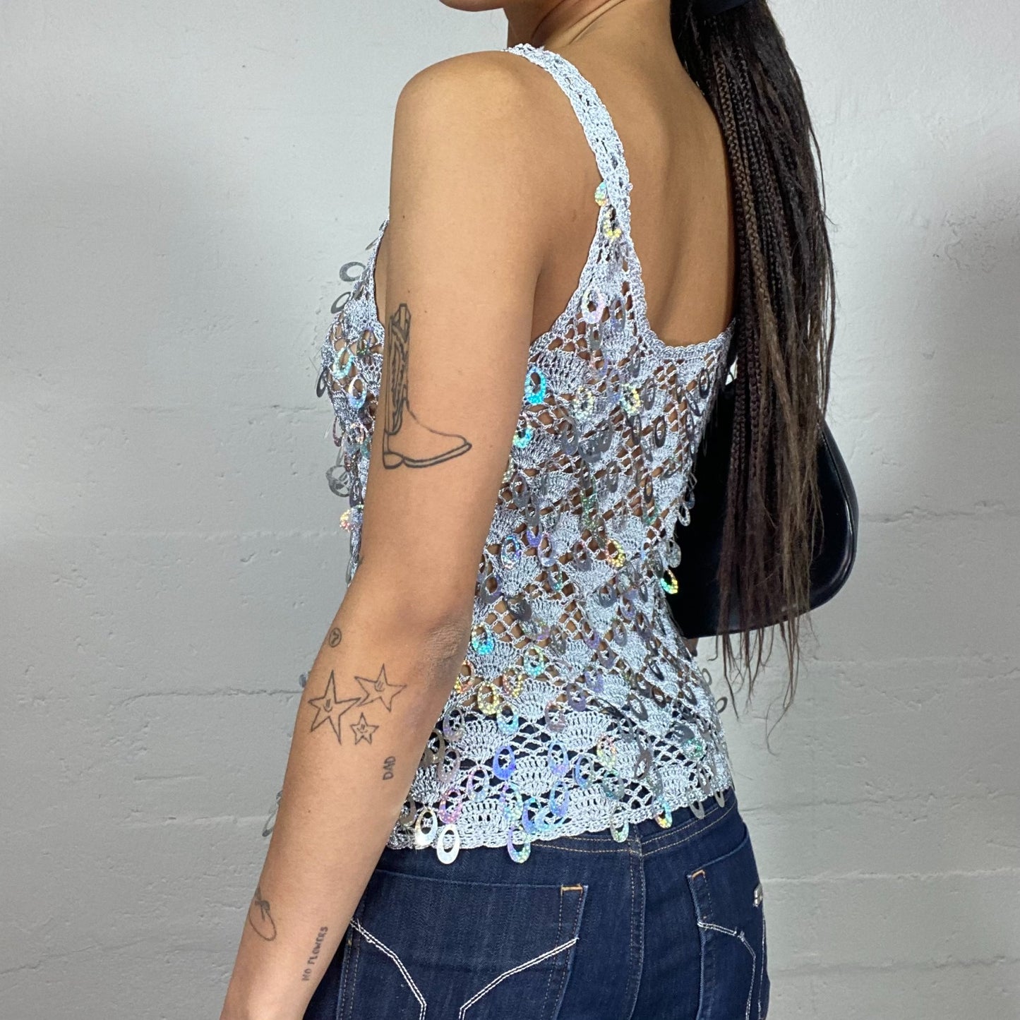 Vintage 2000's Festive Silver Mermaid Crochet Top with Sequins (S)