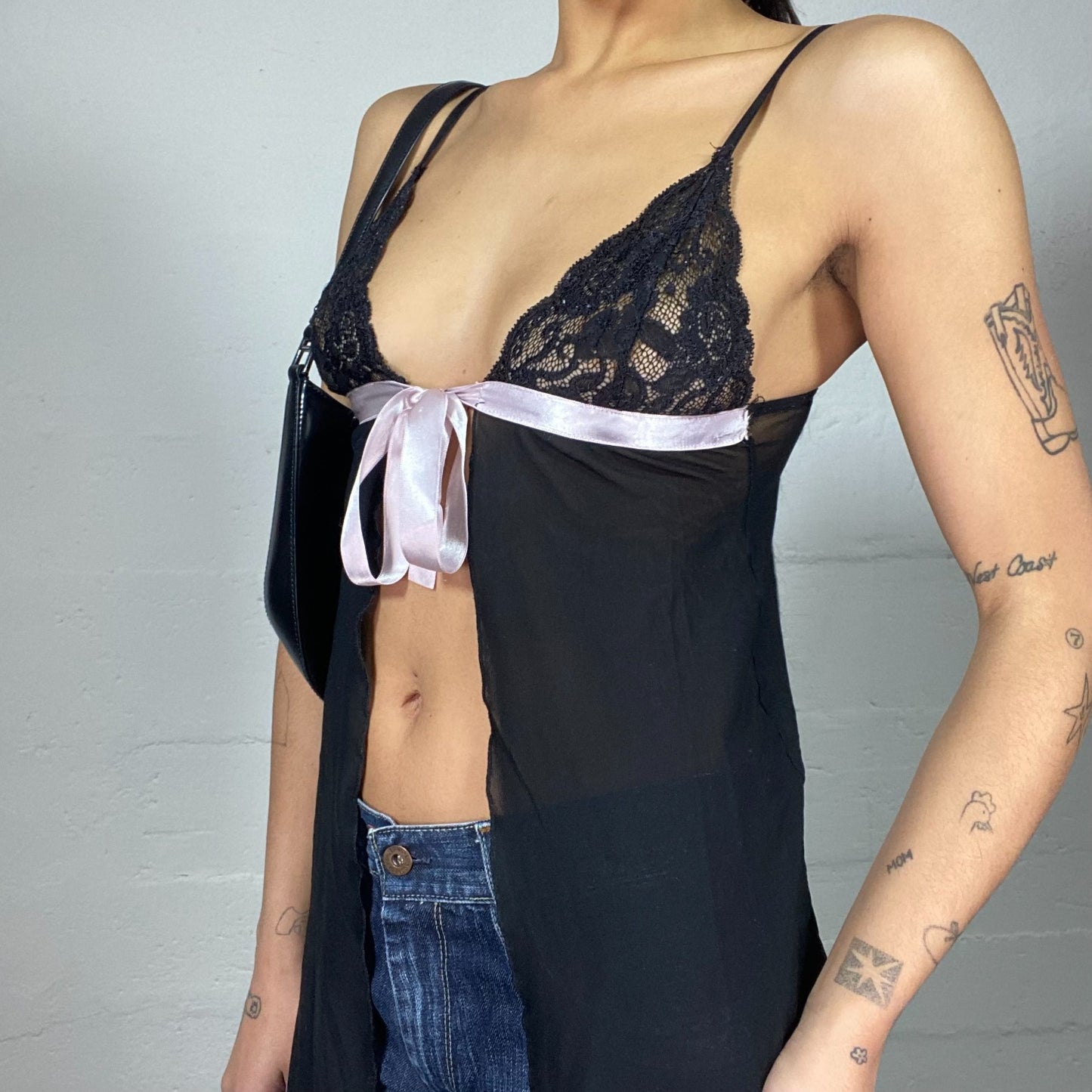 Vintage 2000's Coquette Black Lingerie Top with with Pink Satin Ribbon Detail(S)