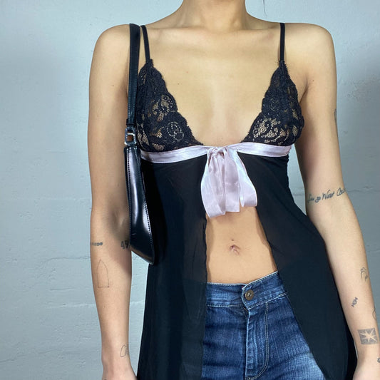 Vintage 2000's Coquette Black Lingerie Top with with Pink Satin Ribbon Detail(S)