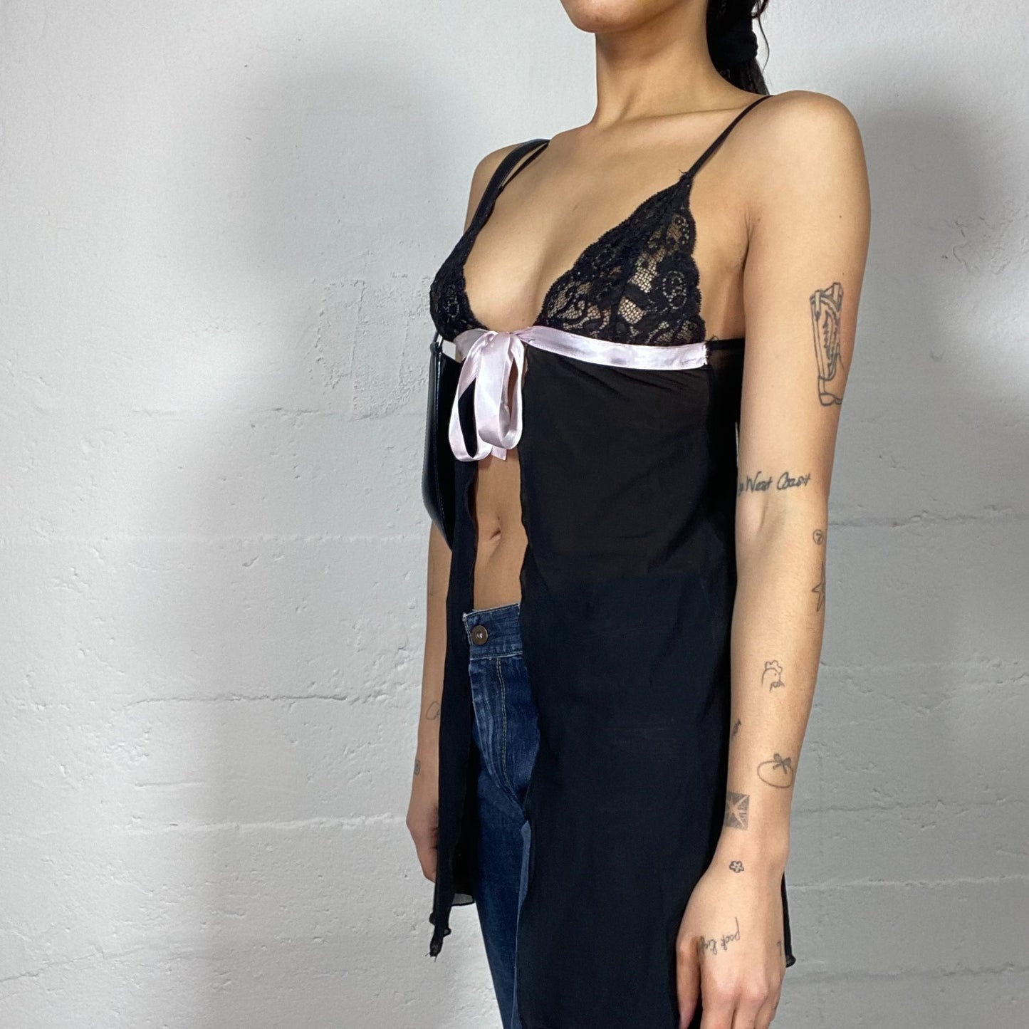 Vintage 2000's Coquette Black Lingerie Top with with Pink Satin Ribbon Detail(S)