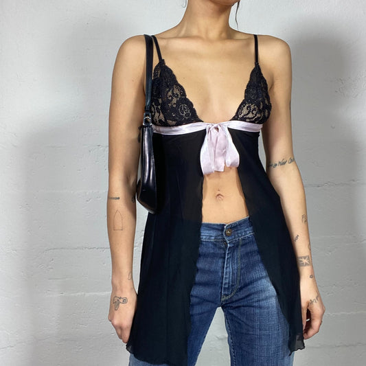 Vintage 2000's Coquette Black Lingerie Top with with Pink Satin Ribbon Detail(S)