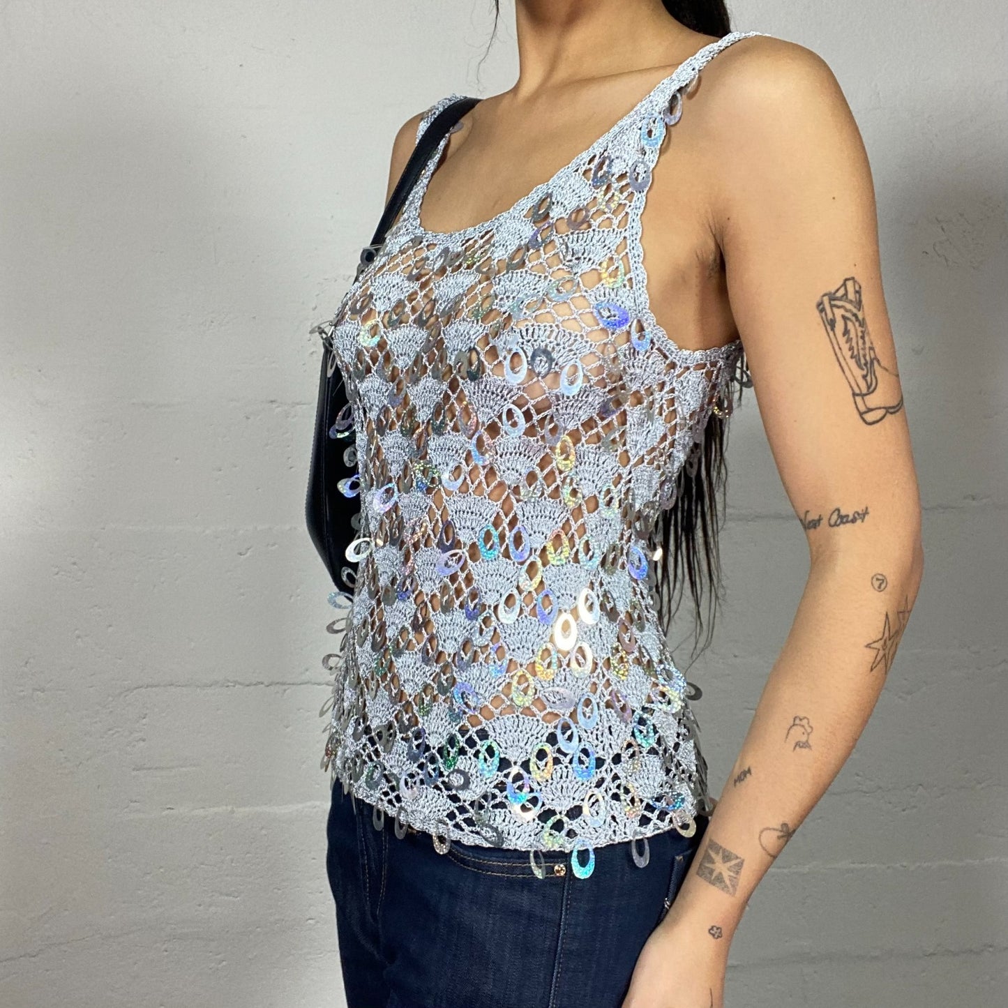 Vintage 2000's Festive Silver Mermaid Crochet Top with Sequins (S)