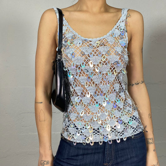 Vintage 2000's Festive Silver Mermaid Crochet Top with Sequins (S)