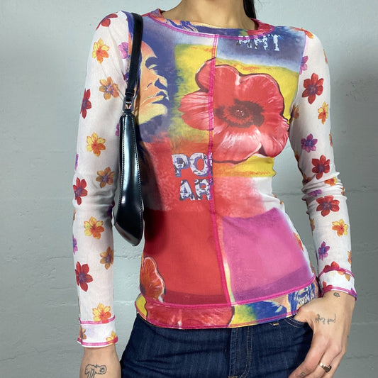 Vintage 2000's Archive Longsleeve Multicolour Floral Mesh Top with Pink Contrast Stiching (S)