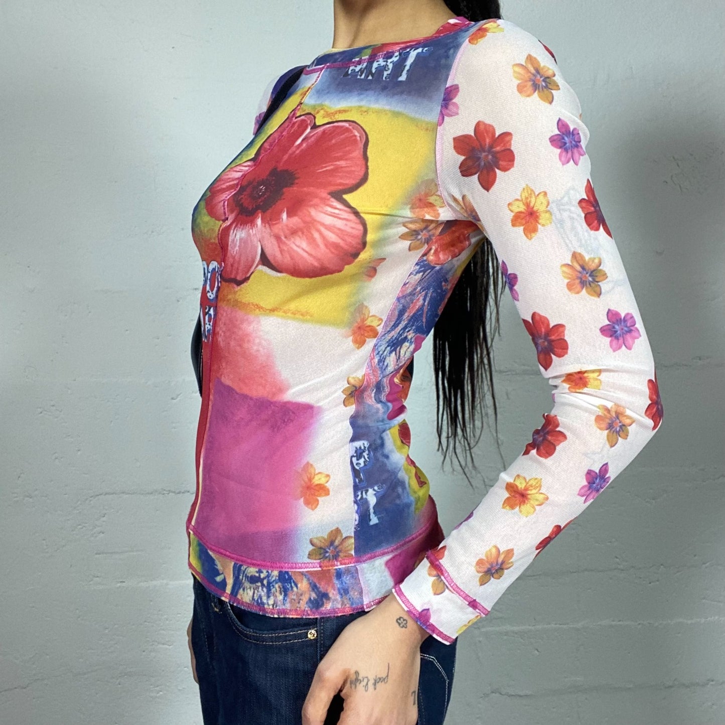 Vintage 2000's Archive Longsleeve Multicolour Floral Mesh Top with Pink Contrast Stiching (S)