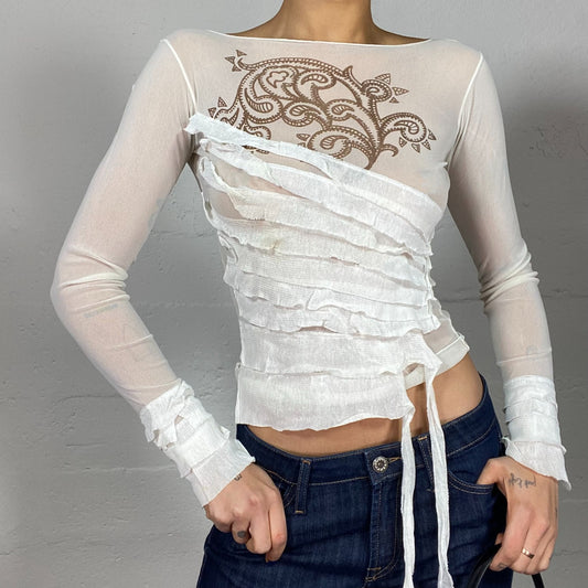 Vintage 2000's Indie White Longsleeve Mesh Top with Frills and Mandala Print (S) no