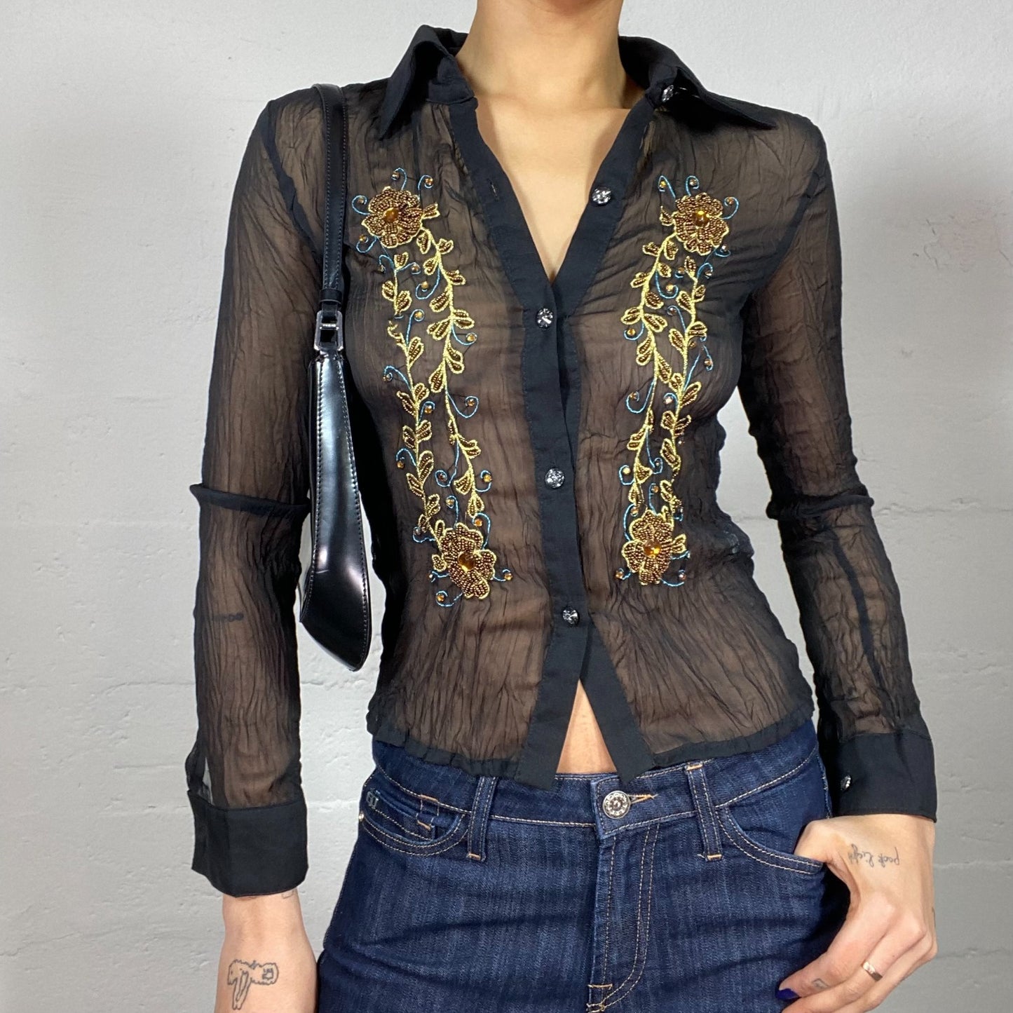 Vintage 2000's Indie Black Longsleeve Mesh Button Up with Golden Floral Embroidery (S)