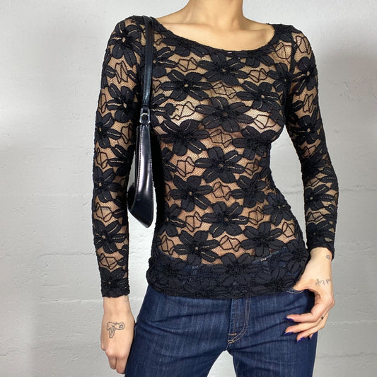 Vintage 2000's Coquette Black Longsleeve Lace Top (S)