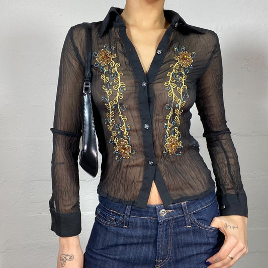 Vintage 2000's Indie Black Longsleeve Mesh Button Up with Golden Floral Embroidery (S)