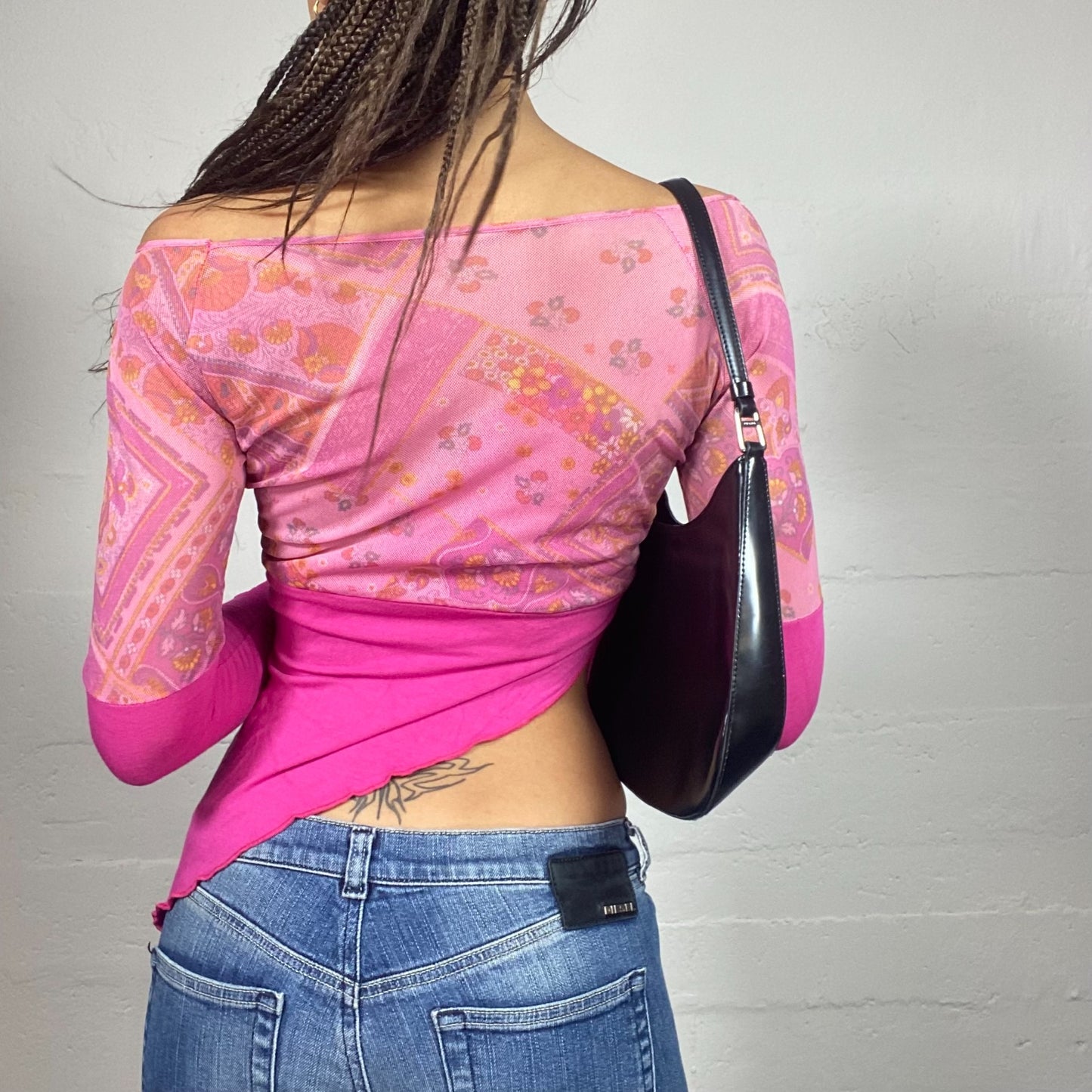 Vintage 2000's Lizzie McGuire Pink Asymmetric Cut Top with Mesh Floral Print Chest  (S)