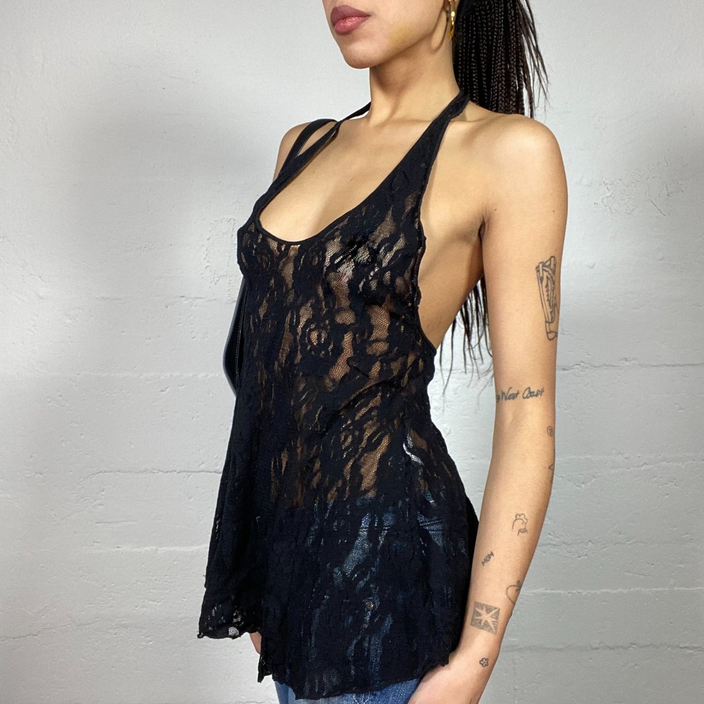 Vintage 90's Vampy Black Mesh Neckholder Top with Lace Work Material (S/M)