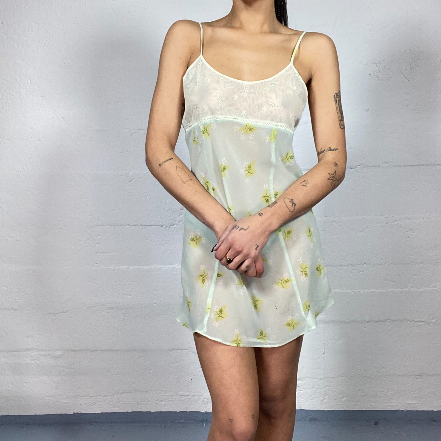 Vintage 2000's Coquette Pastel Green Mesh Slip Dress with Florarl Print (M)