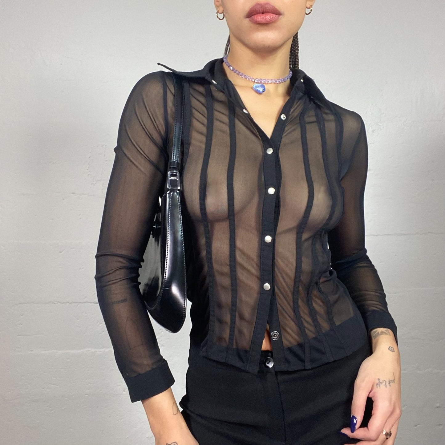 Vintage 90's Vampy Black Mesh Button Up Shirt  (S)