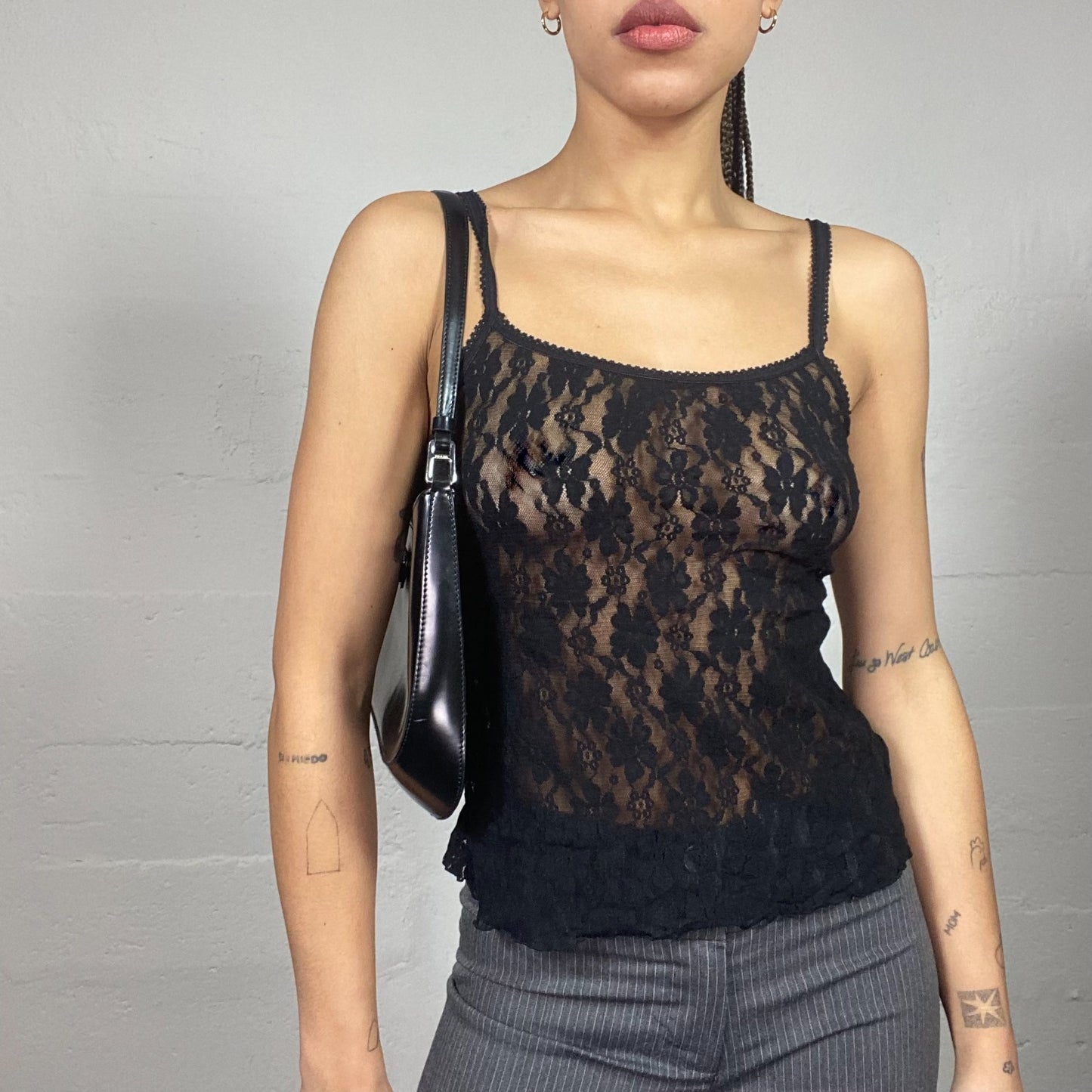 Vintage 90's Vampy Black Mesh Top with Lace Work Material (S/M)