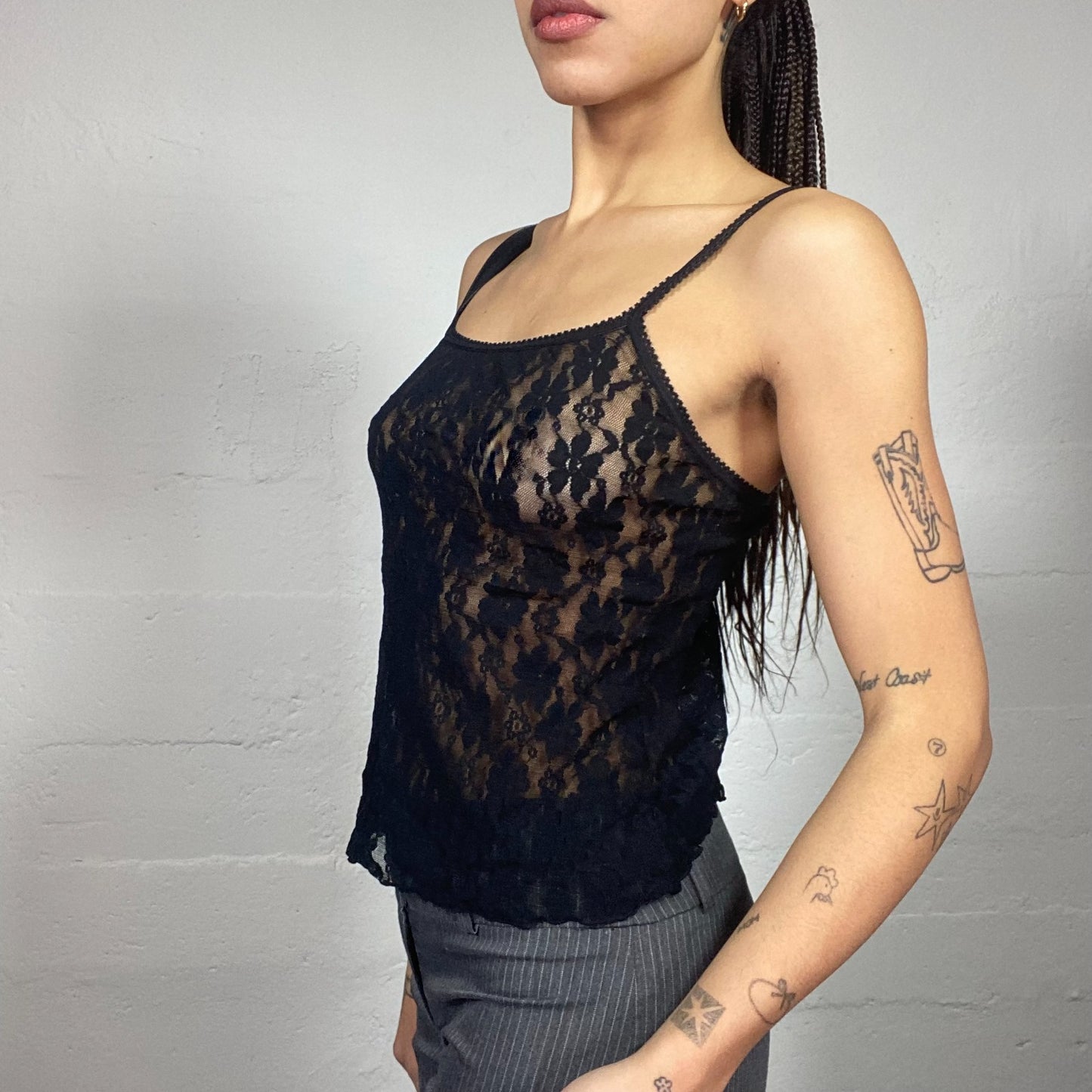 Vintage 90's Vampy Black Mesh Top with Lace Work Material (S/M)