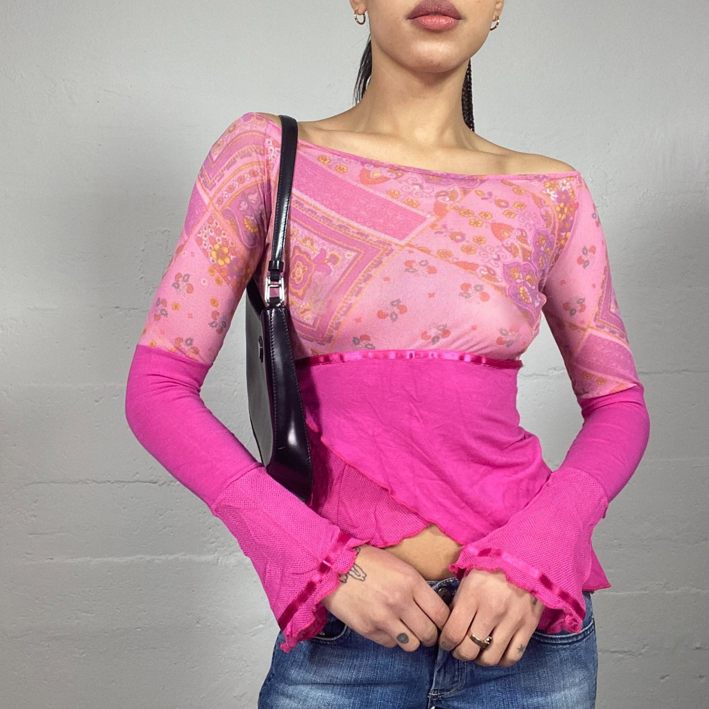 Vintage 2000's Lizzie McGuire Pink Asymmetric Cut Top with Mesh Floral Print Chest  (S)