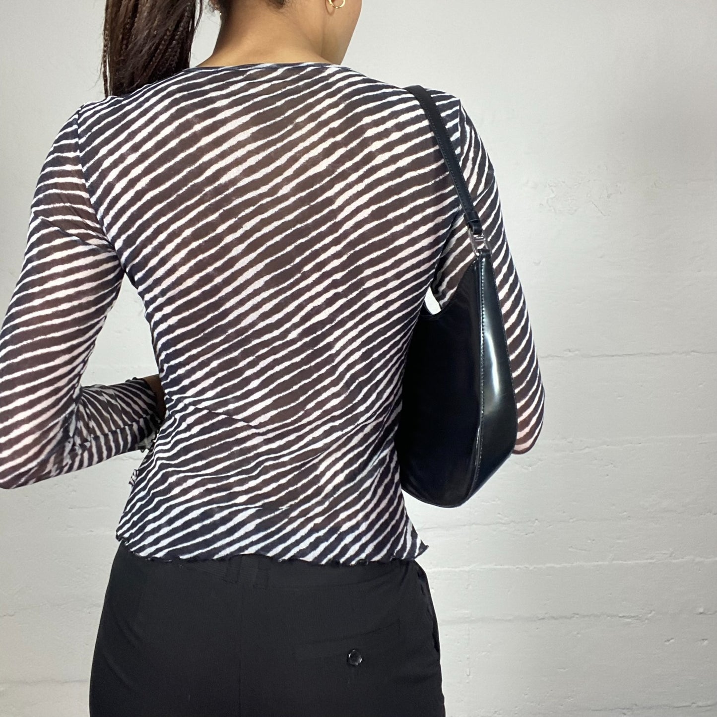 Vintage 2000's Model Off Duty Black Mesh Top with Stripes Print and Ring Detail (S)