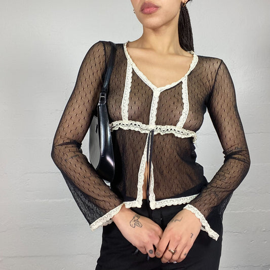 Vintage 2000's Coquette Black Mesh Top with White Lace Trim Detail (S)