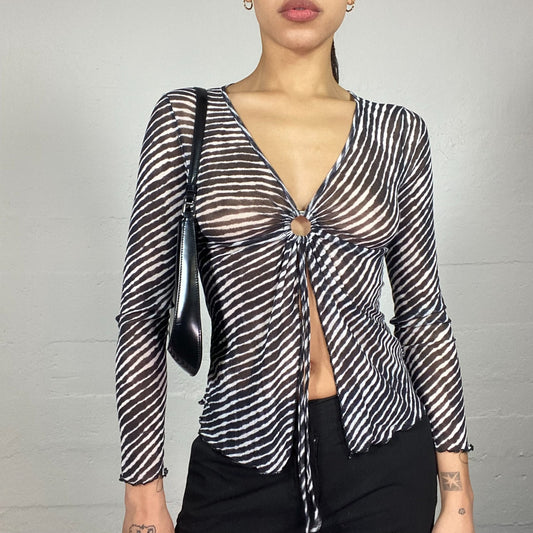 Vintage 2000's Model Off Duty Black Mesh Top with Stripes Print and Ring Detail (S)